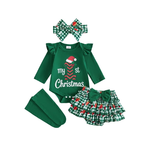 RUINIXCW Newborn Baby Boy Girl My First Christmas Outfit Infant Girls Fall Winter Clothes Letters Romper and Plaid Skirt Headband Long Socks 4Pcs Set