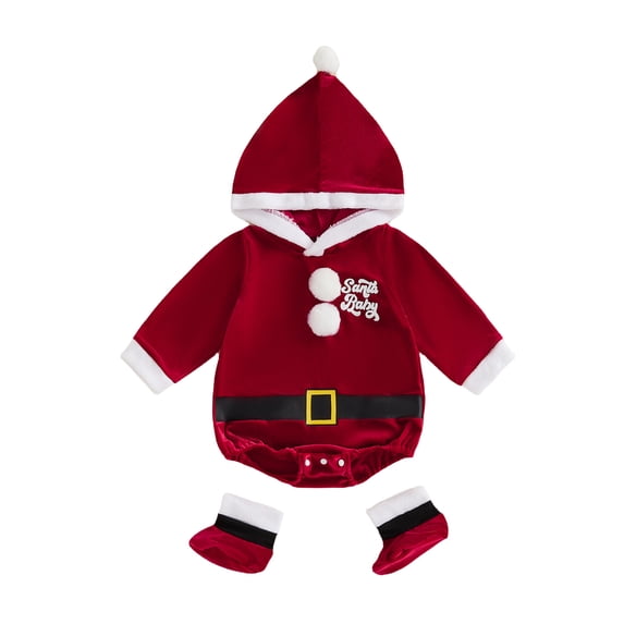 RUINIXCW Newborn Baby Boy Girl My First Christmas Outfit Velvet Romper Infant Santa Claus Costume Long Sleeve Fur Trim Red Hooded Jumpsuit with Socks
