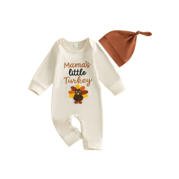 RUINIXCW Newborn Baby Boy Girl Thanksgiving Outfit Waffled Romper Infant Girl Boy Fall Winter Clothes Turcky Embroidery Long Sleeve Jumpsuit Hat Set