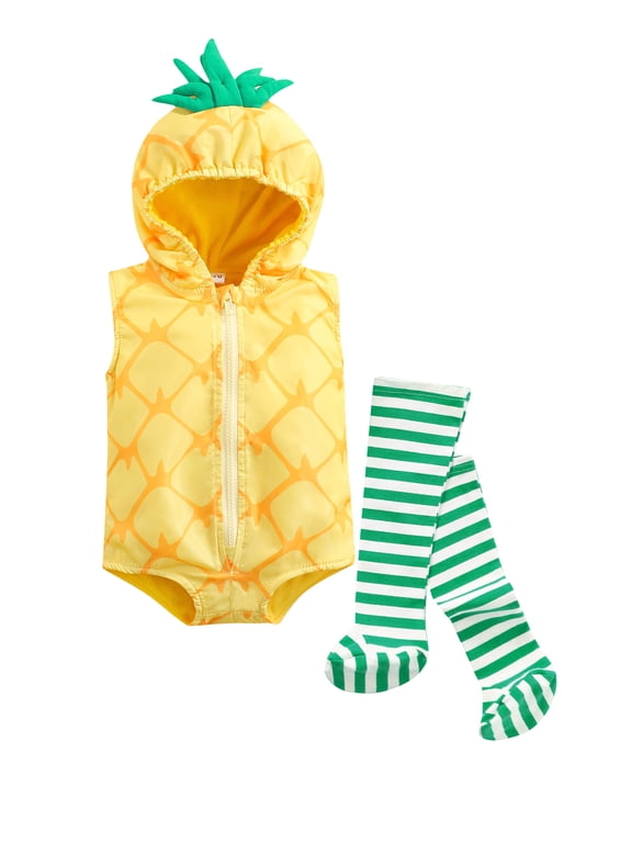 Newborn Baby Boy Girl Pineapple Outfit Halloween Costume Baby Boys Girls Fall Winter Clothes Sleeveless Hooded Zipper Closure Romper with Long Socks Set Toddler Halloween Cosplay Outfits