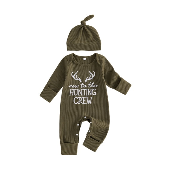 RUINIXCW Newborn Baby Boy Hospital Coming Home Outfit Waffled Romper Infant Baby Boys Fall Winter Duck Hunting Clothes Mallard Embroidery Long Sleeve Jumpsuit Hat Set