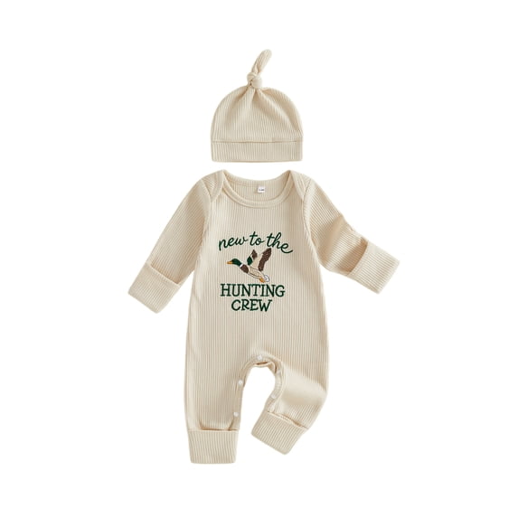 RUINIXCW Newborn Baby Boy Hospital Coming Home Outfit Waffled Romper Infant Baby Boys Fall Winter Duck Hunting Clothes Mallard Embroidery Long Sleeve Jumpsuit Hat Set