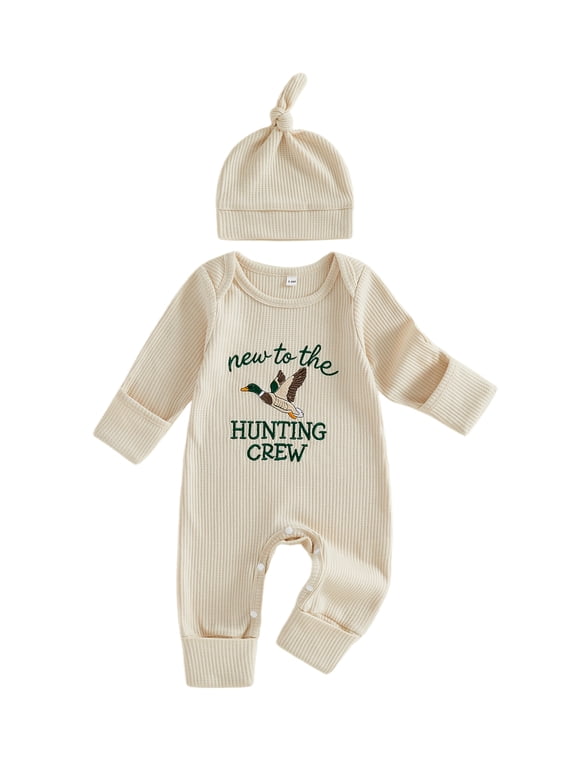 Newborn Baby Boy Hospital Coming Home Outfit Waffled Romper Infant Baby Boys Fall Winter Duck Hunting Clothes Mallard Embroidery Long Sleeve Jumpsuit Hat Set