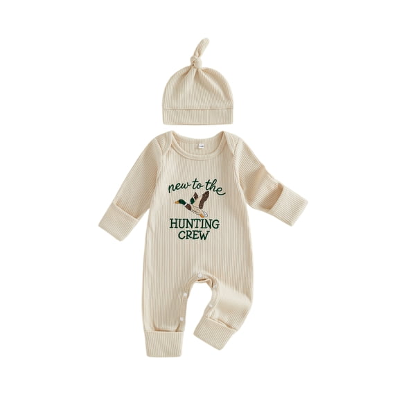 RUINIXCW Newborn Baby Boy Hospital Coming Home Outfit Waffled Romper Infant Baby Boys Fall Winter Duck Hunting Clothes Mallard Embroidery Long Sleeve Jumpsuit Hat Set