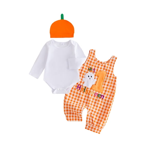 RUINIXCW Newborn Baby Boy My First Halloween Outfit Infant Boy Fall Winter Clothes Long Sleeve Romper Plaid Overalls Pants Pumpkin Hat 3 Piece Set