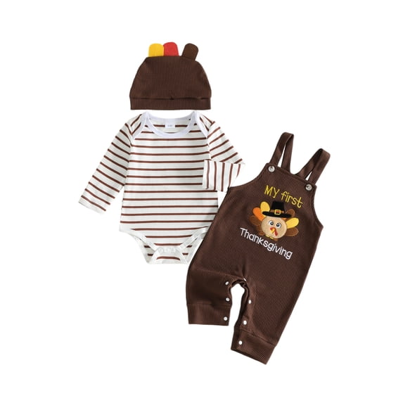 RUINIXCW Newborn Baby Boy My First Thanksgiving Outfit Infant Baby Boy Fall Winter Clothes Long Sleeve Striped Romper Turcky Suspender Pants Hat Set