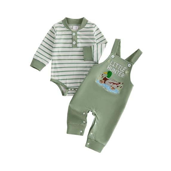 RUINIXCW Newborn Baby Boy Spring Fall Winter Outfit Infant Boy Clothes Striped Long Sleeve Romper Duck Goose Embroidery Overalls Suspender Pants Set
