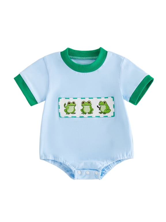 Newborn Baby Boy Summer Clothes Outfit 0 3 6 12 18 Months Bubble Romper One Piece Adorable Frog Embroidery Short Sleeve Bodysuit Jumpsuit