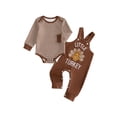 thumbnail image 1 of RUINIXCW Newborn Baby Boy Thanksgiving Outfit Infant Baby Boy Fall Winter Clothes Waffled Striped Rompers and Turkey Embroidery Overalls Pants Set, 1 of 10