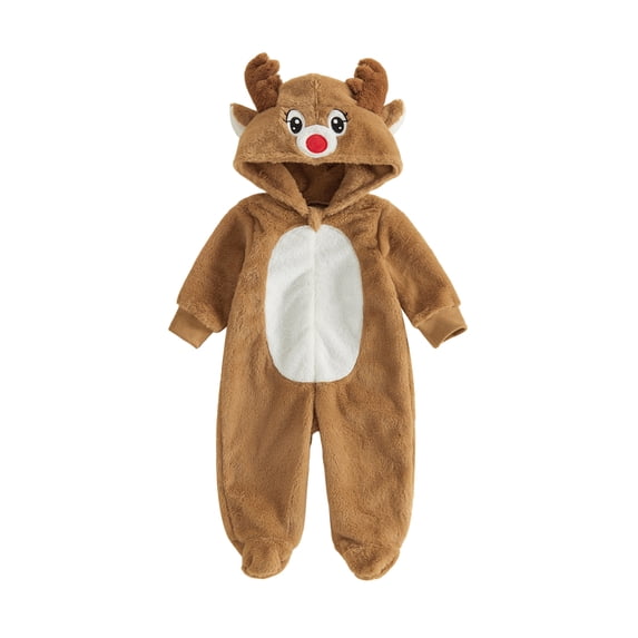 RUINIXCW Newborn Baby Girl Boy Christmas Reindeer Costume Kid Infant Fall Winter Outfit Fleece Snowsuit Footed Jumpsuit Long Sleeve Hooded Zip Romper