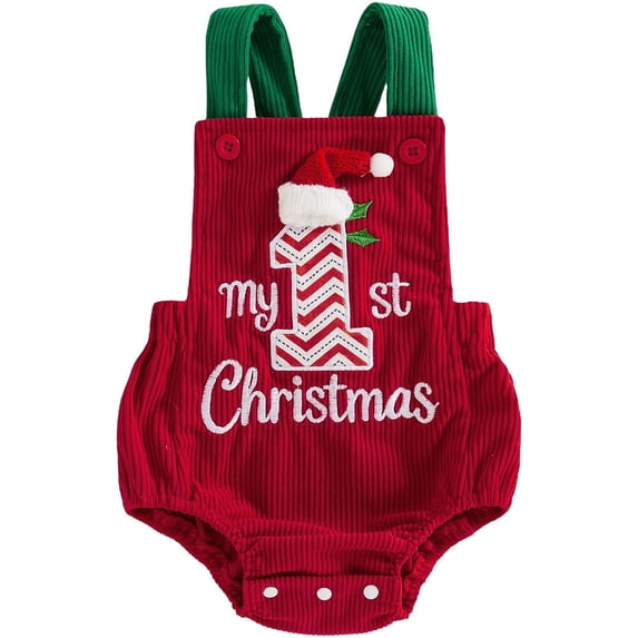 RUINIXCW Newborn Baby Girl Boy My First Christmas Outfit Corduroy Bubble Romper Overalls Letter Santa Hat Embroidery Sleeveless Jumpsuit Suspender Overall