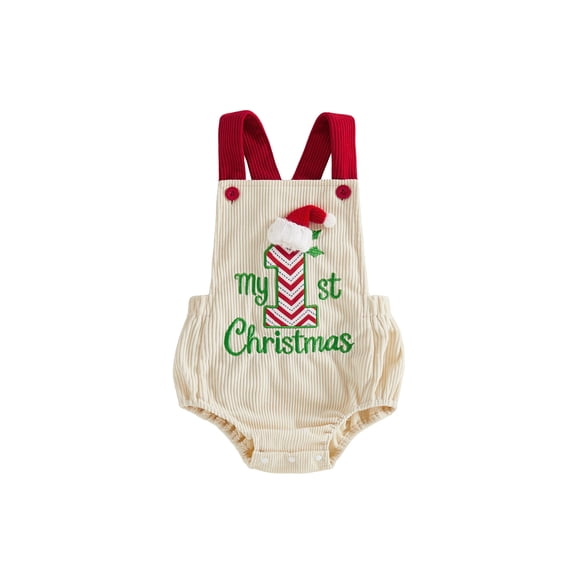 RUINIXCW Newborn Baby Girl Boy My First Christmas Outfit Corduroy Bubble Romper Overalls Letter Santa Hat Embroidery Sleeveless Jumpsuit Suspender Overall