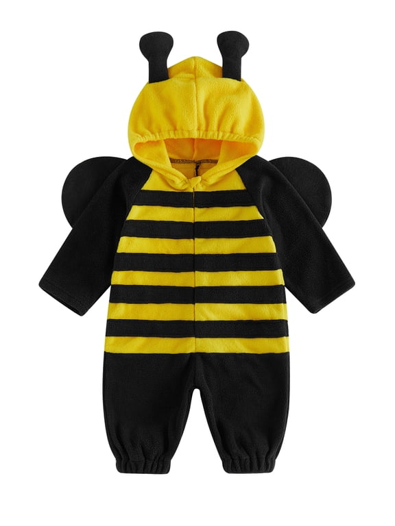 Newborn Baby Girl Boy Halloween Bee Costume Fleece Jumpsuit Infant Baby Girl Boy Fall Winter Clothes Long Sleeve Striped Hooded Romper Wings