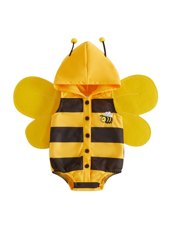 Newborn Baby Girl Boy Halloween Bee Costume Infant Baby Halloween Animal Cosplay Outfit Funny Striped Sleeveless Hooded Romper with Wing
