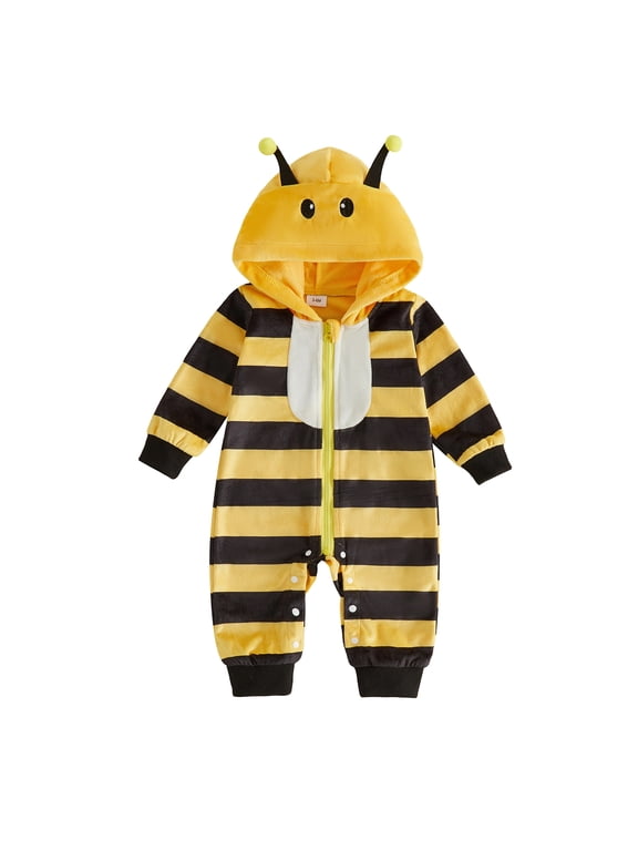 Newborn Baby Girl Boy Halloween Bee Costume Toddler Cosplay Outfit Infant Spring Fall Winter Clothes Jumpsuit Long Sleeve Zip Hooded Romper