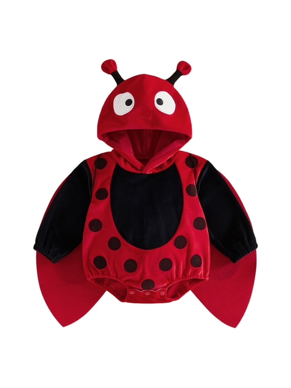 Newborn Baby Girl Boy Halloween Ladybug Costume Infant Animal Cosplay Photoshoot Outfit Long Sleeve Hooded Romper with Wings
