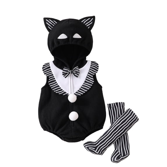 RUINIXCW Newborn Baby Girl Boy Halloween Cat Costume Infant Fall Winter Cosplay Outfit Warm Fleece Sleeveless Hooded Zipper Romper Stockings Set