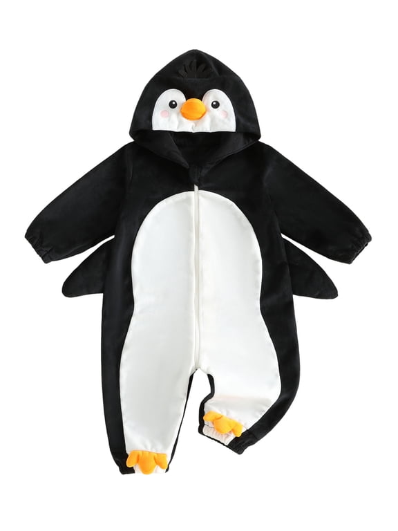 Newborn Baby Girl Boy Halloween Penguin Costume Infant Halloween Animal Cosplay Outfit Fall Winter Winter Romper Long Sleeve Hooded Jumpsuit