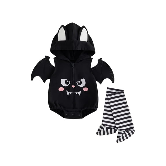 RUINIXCW Newborn Baby Girl Boy Halloween Bat Costume Infant Spring Fall Winter Cosplay Outfit Sleeveless Hooded Zip Romper Stockings Set