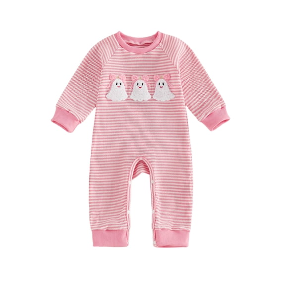 RUINIXCW Newborn Baby Girl Boy Halloween Outfit Infant Baby Girls Boys Fall Winter Clothes Waffled Striped Romper Pumpkin Ghost Cat Embroidery Long Sleeve Jumpsuit