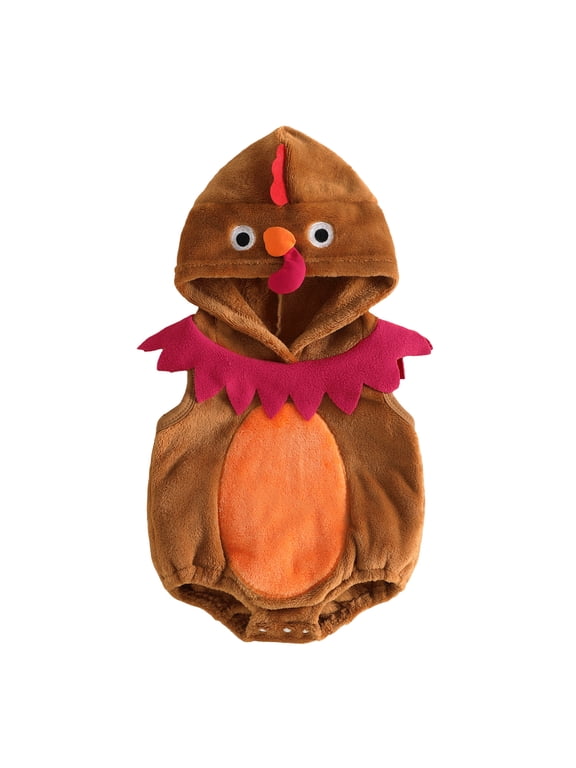 Newborn Baby Girl Boy Thanksgiving Turkey Costume Infant Fall Winter Animal Cosplay Photoshoot Outfit Sleeveless Warm Fleece Hooded Romper