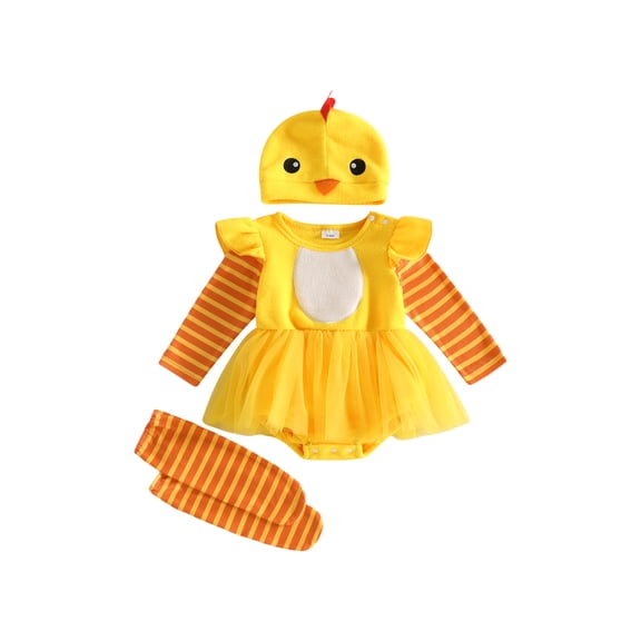 RUINIXCW Newborn Baby Girl Chick Dress Halloween Outfit Infant Baby Girls Tulle Romper Dress Cute Baby Chick Costume Long Sleeve Striped Tutu Dress Hat Leg Warmers 3pcs Set