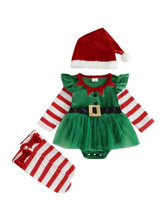 Newborn Baby Girl Christmas Dress Outfit Infant Baby Girls Xmas Santa Claus Velvet Romper Dress Cute Baby Elf Costume Long Sleeve Striped Tulle Dress Hat Leg Warmers 3pcs Set