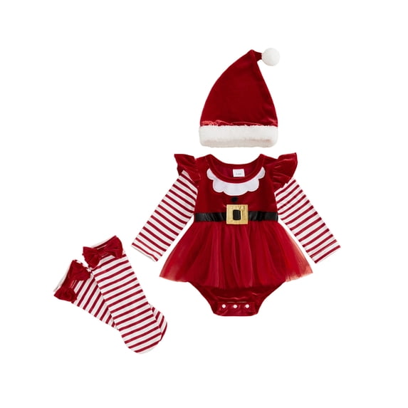 RUINIXCW Newborn Baby Girl Christmas Dress Outfit Infant Baby Girls Xmas Santa Claus Velvet Romper Dress Cute Baby Elf Costume Long Sleeve Striped Tulle Dress Hat Leg Warmers 3pcs Set