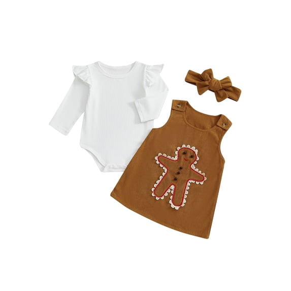 RUINIXCW Newborn Baby Girl Christmas Gingerbread Outfit Infant Baby Girls Fall Winter Clothes Ribbed Long Sleeve Romper and Dress Overalls Headband Set
