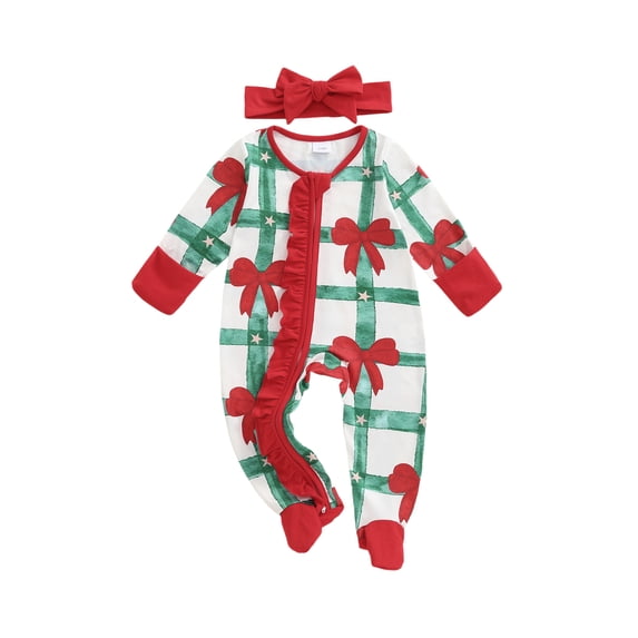 RUINIXCW Newborn Baby Girl Christmas Outfit Infant Girls Fall Winter Clothes Xmas Footed Romper Bow Print Long Sleeve Zip Up Footie Jumpsuit Headband