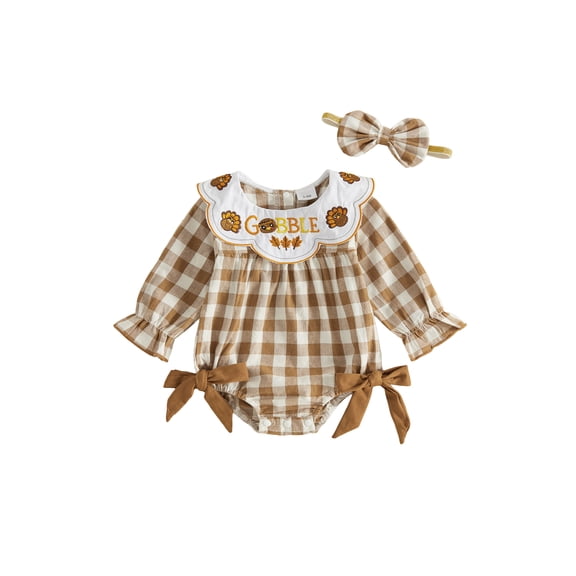 RUINIXCW Newborn Baby Girl Christmas Outfit Plaid Bubble Romper Infant Baby Fall Winter Clothes Puff Long Sleeve Doll Collar Bodysuit Headband Set