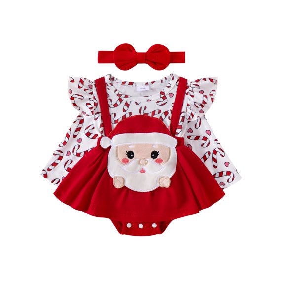 RUINIXCW Newborn Baby Girl Christmas Outfit Romper Dress Infant Girls Fall Winter Xmas Clothes Ruffle Long Sleeve Holiday Party Dress Headband Set