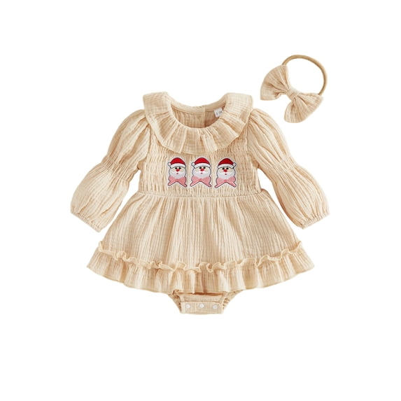 RUINIXCW Newborn Baby Girl Christmas Outfit Smocked Romper Dress Infant Baby Girl Fall Winter Clothes Puff Long Sleeve Ruffled Dress with Headband