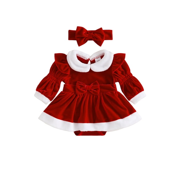 RUINIXCW Newborn Baby Girl Christmas Outfit Velvet Romper Dress Infant Girls Fall Winter Xmas Clothes Plush Doll Collar Long Sleeve Dress Headband