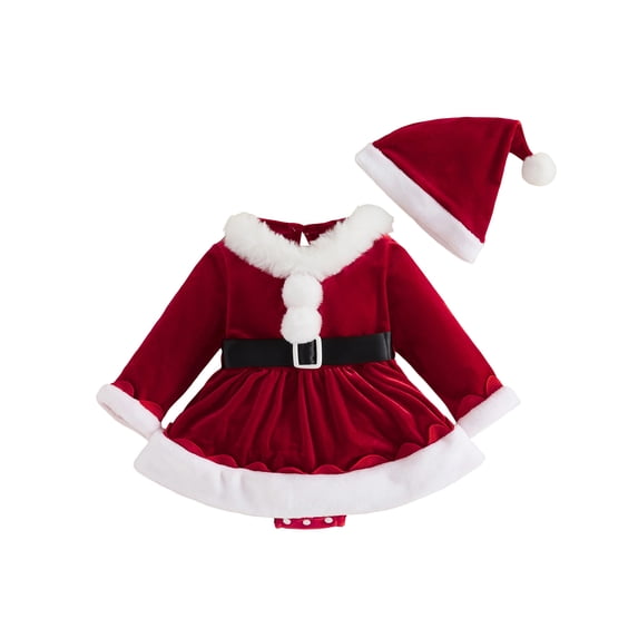 RUINIXCW Newborn Baby Girl Christmas Outfit Velvet Romper Dress Xmas Santa Elf Dress Infant Baby Girl Fall Winter Plush Trim Long Sleeve Dress Belt Hat