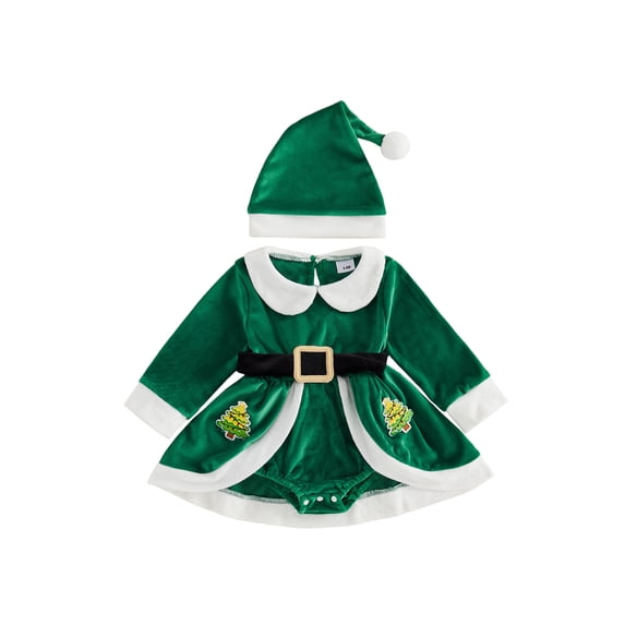 RUINIXCW Newborn Baby Girl Christmas Outfit Velvet Romper Dress Xmas Santa Elf Dress Infant Baby Girl Fall Winter Plush Trim Long Sleeve Dress Belt Hat