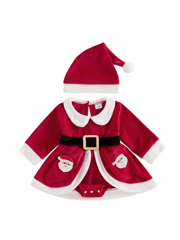 Newborn Baby Girl Christmas Outfit Velvet Romper Dress Xmas Santa Elf Dress Infant Baby Girl Fall Winter Plush Trim Long Sleeve Dress Belt Hat