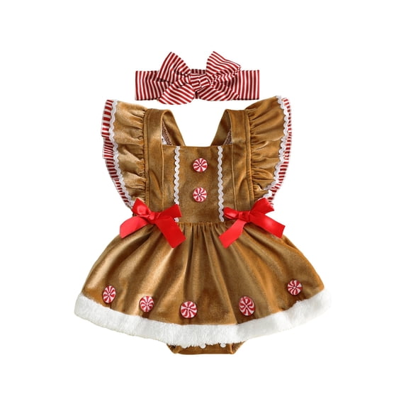 RUINIXCW Newborn Baby Girl Christmas Romper Dress Christmas Gingerbread Outfit Infant Baby Girl Fall Winter Flying Sleeve Velvet Xmas Dress Headband