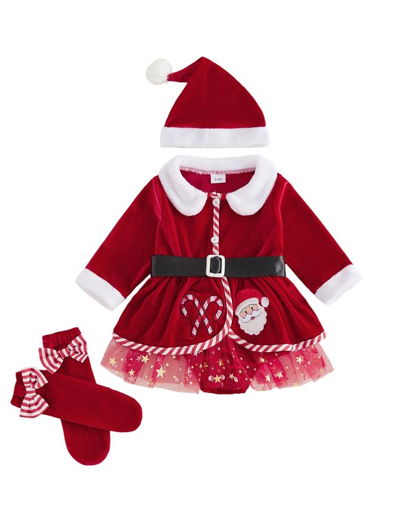 Newborn Baby Girl Christmas Santa Costume Outfit 0 3 6 9 12 18 Months Santa Embroidery Collar Long Sleeve Velvet Romper Dress with Belt Hat Stockings 4Pcs Set