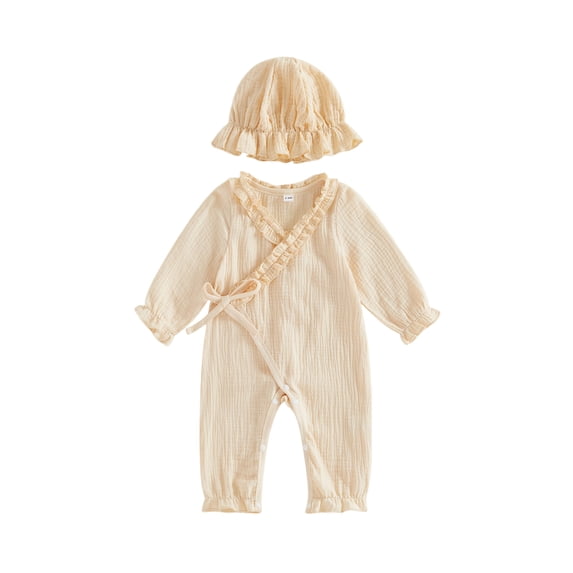 RUINIXCW Newborn Baby Girl Fall Outfits Ruffle Trim Long Sleeve Wrapped Tie Romper and Hat 2 Piece Set