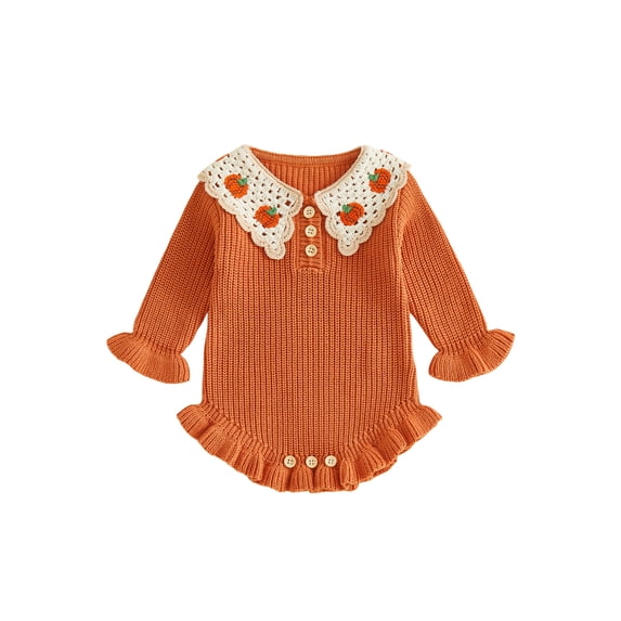 RUINIXCW Newborn Baby Girl Fall Winter Knit Romper Sweater Infant Baby Girl Thanksgiving Halloween Outfit Pumpkin Lapel Long Sleeve Bodysuit Jumpsuit
