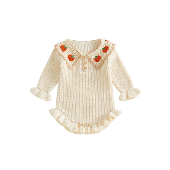 RUINIXCW Newborn Baby Girl Fall Winter Knit Romper Sweater Infant Baby Girl Thanksgiving Halloween Outfit Pumpkin Lapel Long Sleeve Bodysuit Jumpsuit
