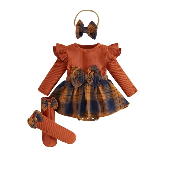 RUINIXCW Newborn Baby Girl Fall Winter Outfit Ribbed Plaid Romper Dress Infant Baby Girl Clothes Ruffles Long Sleeve Bodysuit Jumpsuit Headband Socks Set