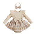 thumbnail image 1 of RUINIXCW Newborn Baby Girl Fall Winter Romper Dress Outfit Infant Baby Girls Clothes Ribbed Ruffle Long Sleeve Plaid Patchwork Dress Playsuit Headband Set, 1 of 10