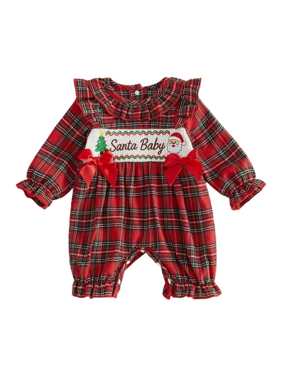 Newborn Baby Girl First Christmas Outfit Gingham Plaid Bubble Romper Infant Girls Fall Winter Clothes Ruffled Long Sleeve Embroidery Bodysuit Jumpsuit