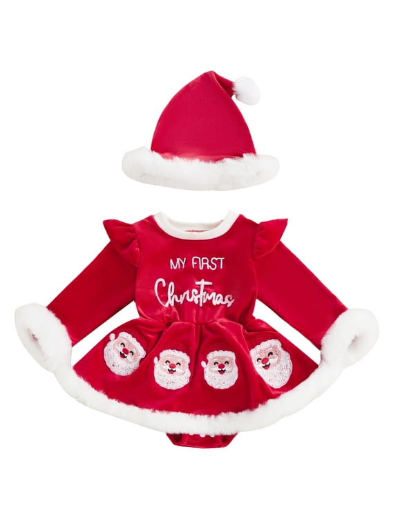 Newborn Baby Girl My First Christmas Outfit Velvet Romper Dress Xmas Santa Elf Dress Infant Baby Girl Fall Winter Plush Trim Long Sleeve Dress Hat