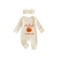thumbnail image 1 of RUINIXCW Newborn Baby Girl My First Halloween Fall Winter Clothes Infant Baby Girls Waffled Romper Pumpkin Embroidery Long Sleeve Jumpsuit with Headband, 1 of 9