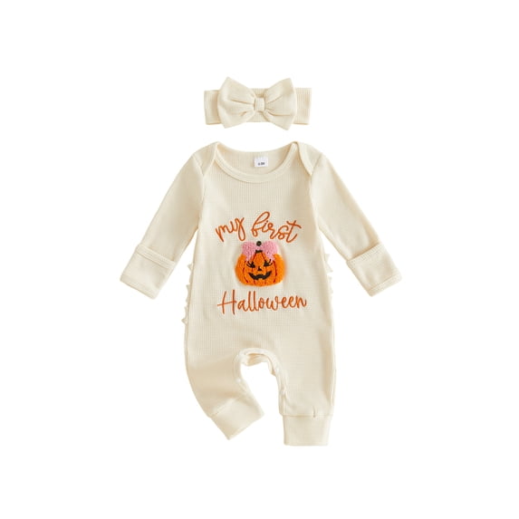 RUINIXCW Newborn Baby Girl My First Halloween Fall Winter Clothes Infant Baby Girls Waffled Romper Pumpkin Embroidery Long Sleeve Jumpsuit with Headband