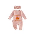 thumbnail image 1 of RUINIXCW Newborn Baby Girl My First Halloween Fall Winter Clothes Infant Baby Girls Waffled Romper Pumpkin Embroidery Long Sleeve Jumpsuit with Headband, 1 of 9