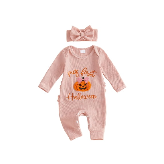 RUINIXCW Newborn Baby Girl My First Halloween Fall Winter Clothes Infant Baby Girls Waffled Romper Pumpkin Embroidery Long Sleeve Jumpsuit with Headband